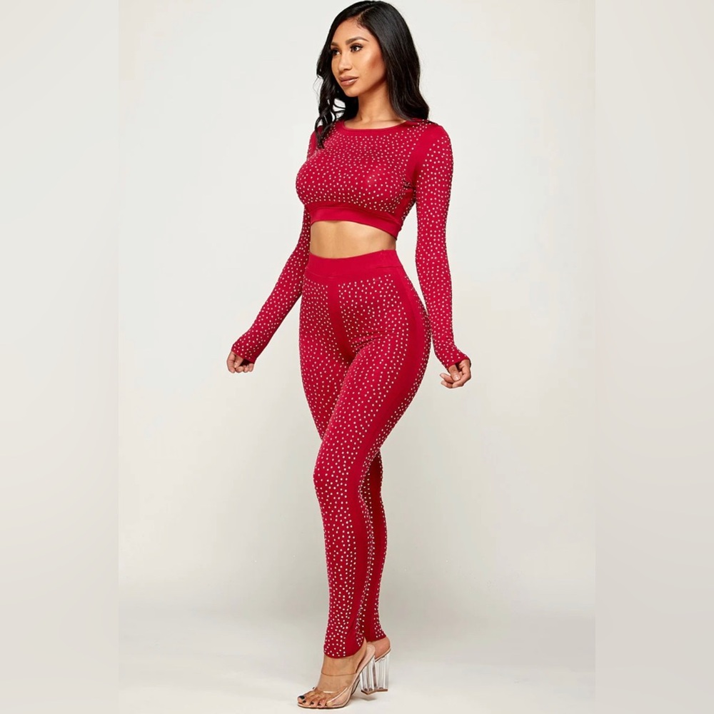 2 piece red studded western outfit with a touch of sexy.